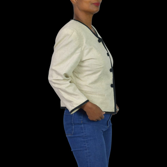 Vintage Althuser Linen Blend Blazer Jacket Beige Crop Tailored Shoulder Pads 10 - Picture 3 of 16